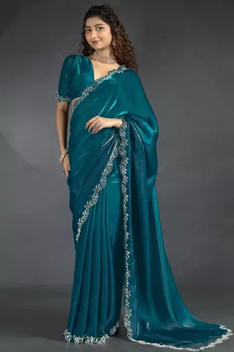Satin Zarkan Work Saree with Unstitched Blouse Piece 