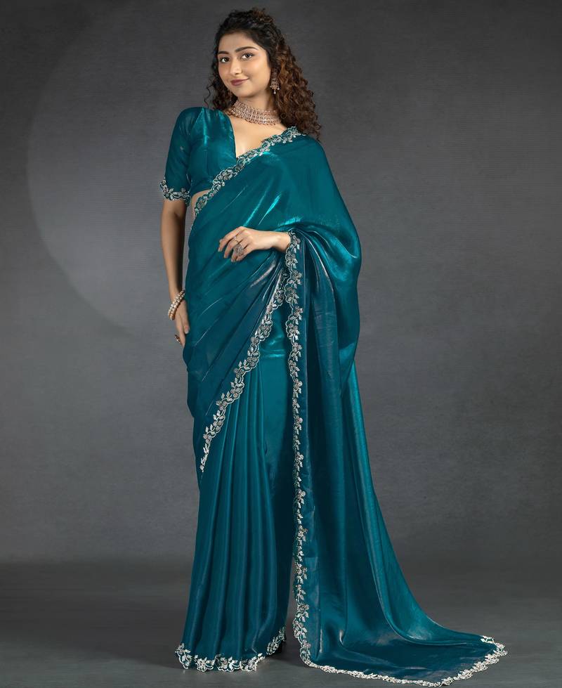 Satin Zarkan Work Saree with Unstitched Blouse Piece