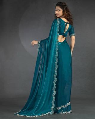 Satin Zarkan Work Saree with Unstitched Blouse Piece  2