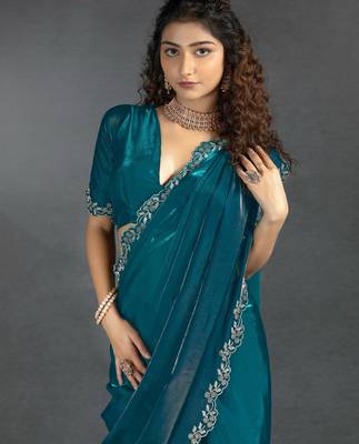 Satin Zarkan Work Saree with Unstitched Blouse Piece  3