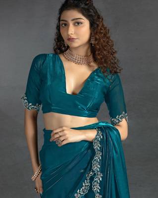 Satin Zarkan Work Saree with Unstitched Blouse Piece  4