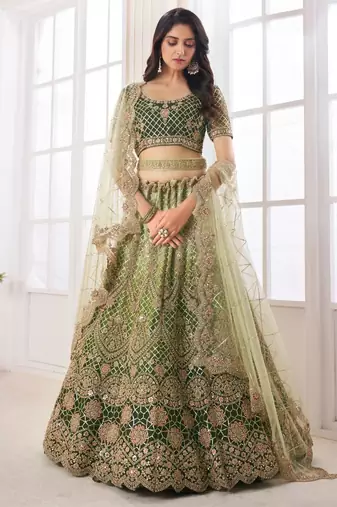 Trendmalls Mehendi green net sequin embroidered lehenga Choli