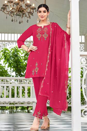 Women Embroidered Short Kurta With Palazzo & With Dupatta