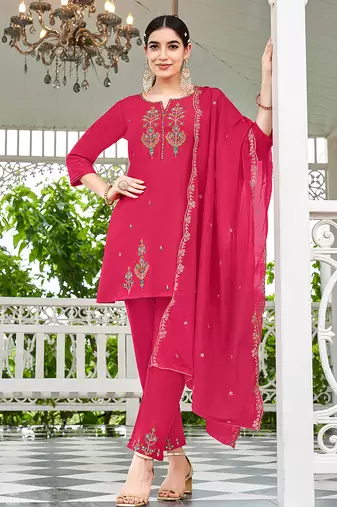 Women Embroidered Short Kurta With Palazzo & With Dupatta