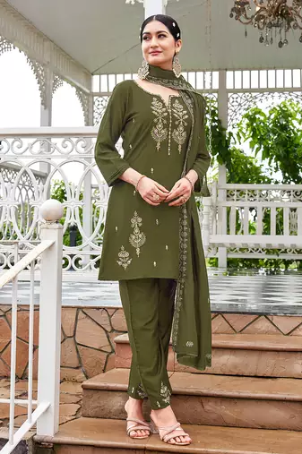 Women Embroidered Short Kurta With Palazzo & With Dupatta