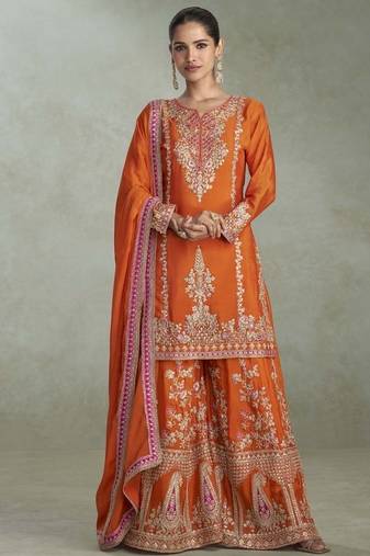 Orange chinon embroiedered palazzo suit
