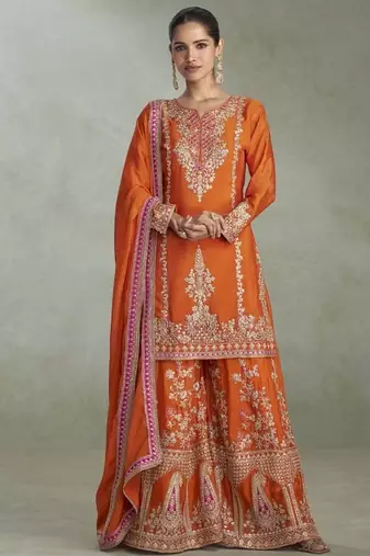 Orange chinon embroiedered palazzo suit
