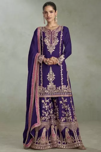 Violet chinon embroiedered palazzo suit