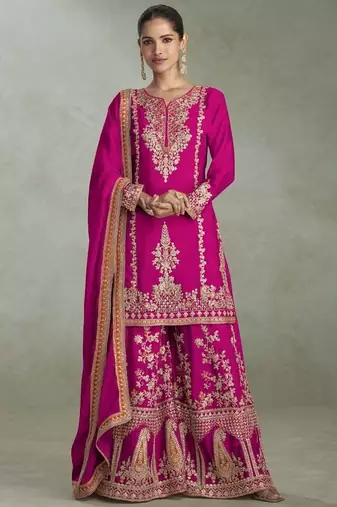 Rani pink chinon embroiedered palazzo suit