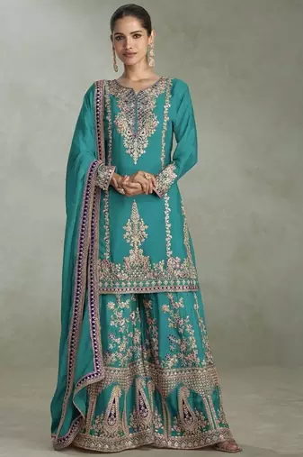 Turquoise chinon embroiedered palazzo suit