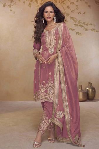 Peach simar silk embroidered designer salwar suit
