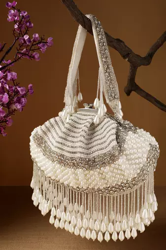 opal thread pearl white & silver pearl embellished velvet clutch