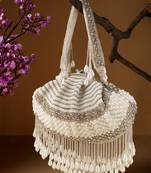 opal thread pearl white & silver pearl embellished velvet clutch