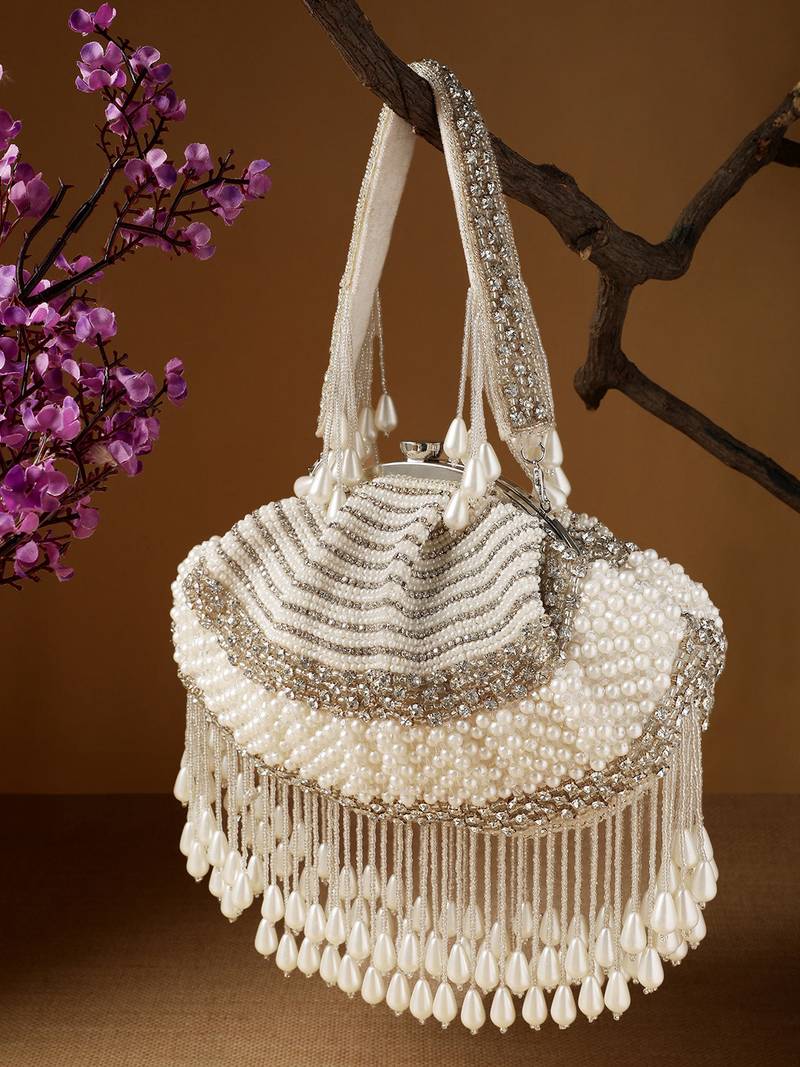 opal thread pearl white & silver pearl embellished velvet clutch