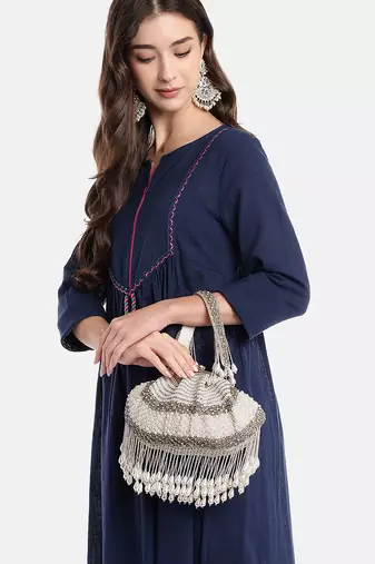 opal thread pearl white & silver pearl embellished velvet clutch