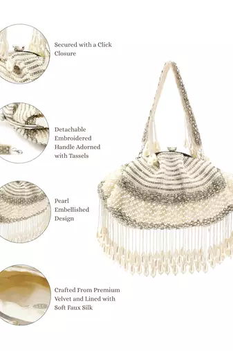 opal thread pearl white & silver pearl embellished velvet clutch