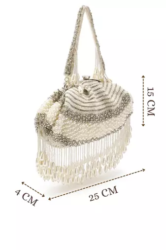 opal thread pearl white & silver pearl embellished velvet clutch