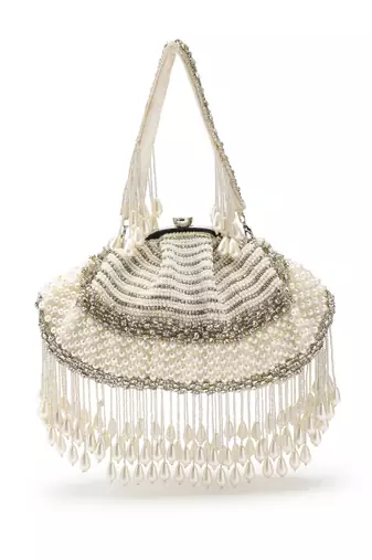 opal thread pearl white & silver pearl embellished velvet clutch