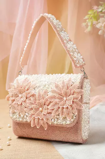 blush & bead dusty pink & pearl white floral cutwork embellished velvet clutch