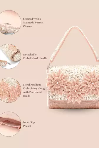 blush & bead dusty pink & pearl white floral cutwork embellished velvet clutch