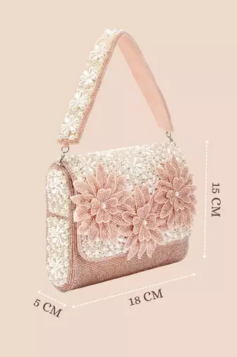 blush & bead dusty pink & pearl white floral cutwork embellished velvet clutch