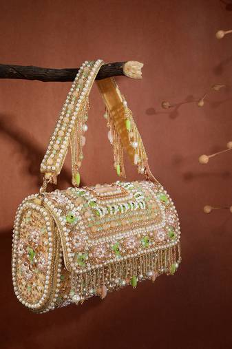 blush & bead beige & pastel multi accent beads embellished velvet clutch