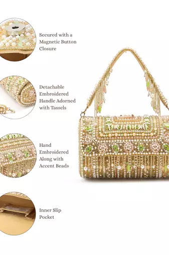 blush & bead beige & pastel multi accent beads embellished velvet clutch