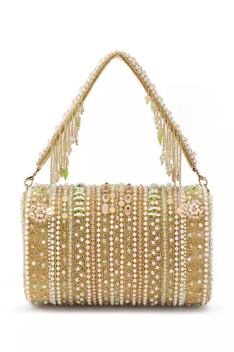blush & bead beige & pastel multi accent beads embellished velvet clutch