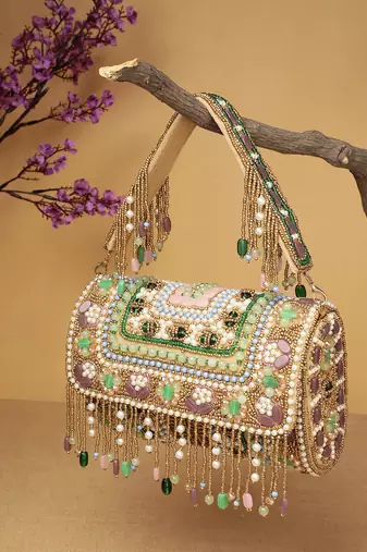 blush & bead metallic gold & pastel multi accent beads embellished velvet clutch