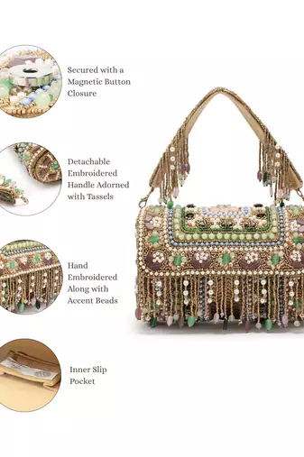 blush & bead metallic gold & pastel multi accent beads embellished velvet clutch