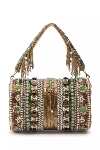 blush & bead metallic gold & pastel multi accent beads embellished velvet clutch