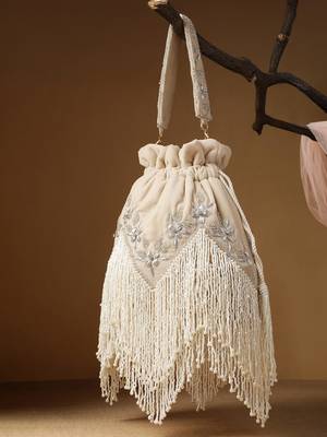 dewdrop fringe ecru & ivory floral zari embroidered velvet potli 1