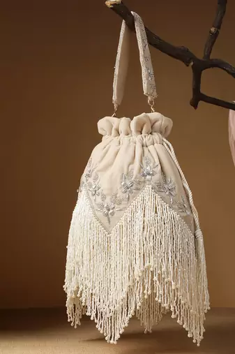 dewdrop fringe ecru & ivory floral zari embroidered velvet potli
