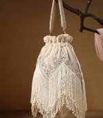 dewdrop fringe ecru & ivory floral zari embroidered velvet potli