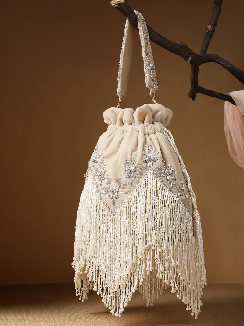 dewdrop fringe ecru & ivory floral zari embroidered velvet potli