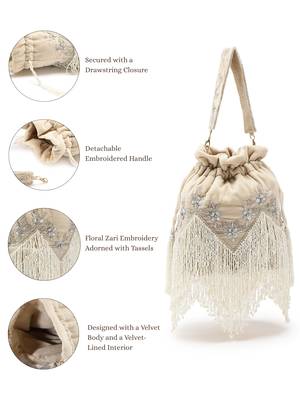 dewdrop fringe ecru & ivory floral zari embroidered velvet potli 3