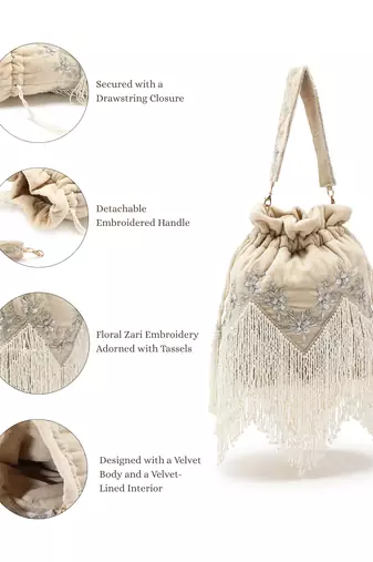 dewdrop fringe ecru & ivory floral zari embroidered velvet potli