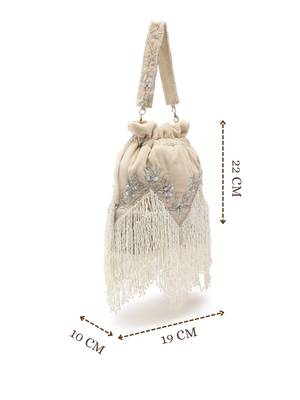 dewdrop fringe ecru & ivory floral zari embroidered velvet potli 4