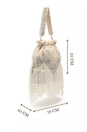 dewdrop fringe ecru & ivory floral zari embroidered velvet potli