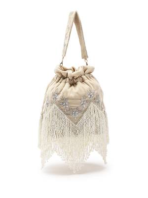dewdrop fringe ecru & ivory floral zari embroidered velvet potli 5