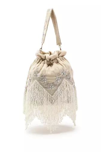 dewdrop fringe ecru & ivory floral zari embroidered velvet potli