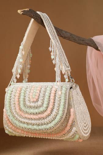 blush & bead silver & pastel multi crystal layered velvet clutch