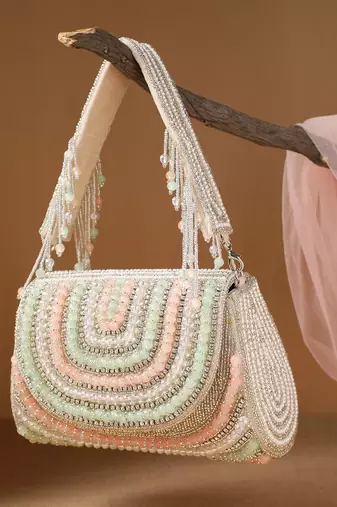 blush & bead silver & pastel multi crystal layered velvet clutch