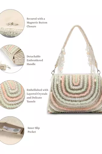 blush & bead silver & pastel multi crystal layered velvet clutch