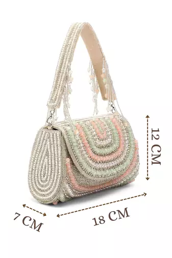 blush & bead silver & pastel multi crystal layered velvet clutch