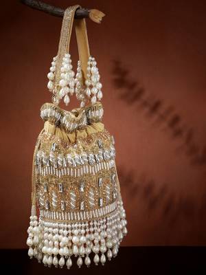 dewdrop fringe camel brown & pearl white ornate embellished velvet potli 1