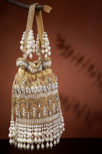dewdrop fringe camel brown & pearl white ornate embellished velvet potli