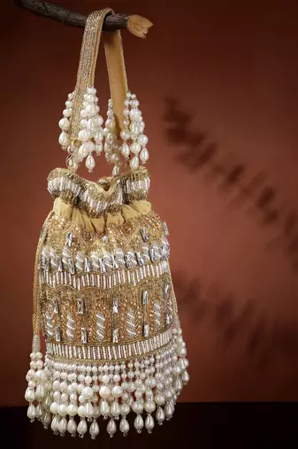 dewdrop fringe camel brown & pearl white ornate embellished velvet potli