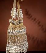 dewdrop fringe camel brown & pearl white ornate embellished velvet potli