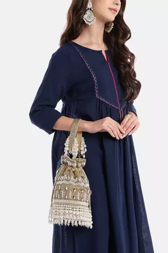 dewdrop fringe camel brown & pearl white ornate embellished velvet potli
